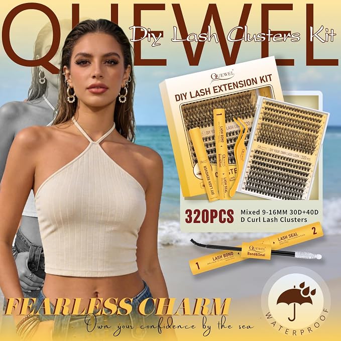 QUEWEL Lash Clusters Kit, 320 Pcs 30D+40D Lash Cluster Eyelash Extensions | 9-16mm Lash Clusters Wispy Kit with Eyelash Clusters Bond and Seal Glue Remover Tweezers (30D+40D Kit)