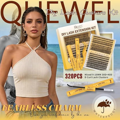 QUEWEL Lash Clusters Kit, 320 Pcs 30D+40D Lash Cluster Eyelash Extensions | 9-16mm Lash Clusters Wispy Kit with Eyelash Clusters Bond and Seal Glue Remover Tweezers (30D+40D Kit)