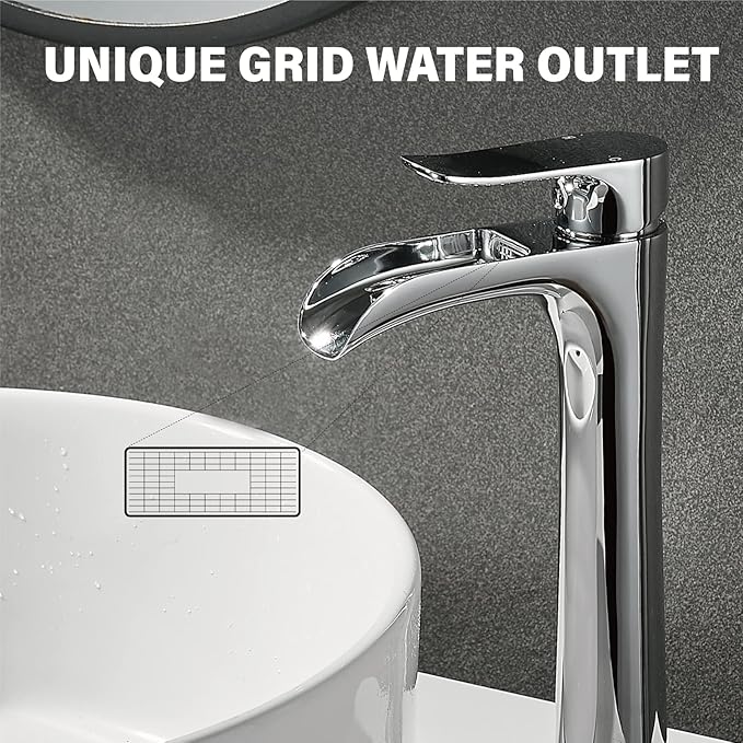 Chrome Vessel Sink Faucet,YUNDOOM Tall Waterfall Single Hole Single Handle Bowl Sink Faucet with Pop Up Drain