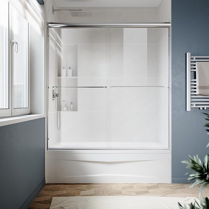 SUNNY SHOWER Double Sliding Glass Door 60" W x 57" H Shower Door 1/4" Tempered Glass Sliding Door Semi-Frameless Shower Glass Enclosure Bypass Walk in Shower Cabin, Chrome Finished