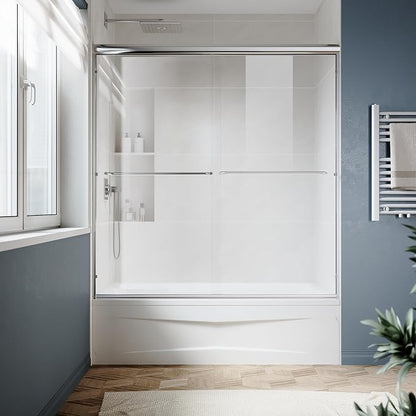 SUNNY SHOWER Double Sliding Glass Door 60" W x 57" H Shower Door 1/4" Tempered Glass Sliding Door Semi-Frameless Shower Glass Enclosure Bypass Walk in Shower Cabin, Chrome Finished