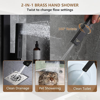 CASAINC 35x16 Inch Thermostatic Shower System Luxury 6 Functions Full Body Shower System, Multifunctional Shower Jets System with Sliding Rod 2 in 1 Handheld, LED & Music (Matte Black)