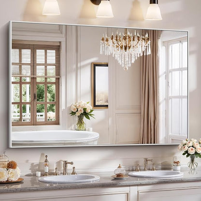 YIROMAN Bathroom Mirror 60"x40", Large Brushed Silver Bathroom Mirror for Over Sink with Aluminum Frame, Rectangular Vanity Mirror with Right Angle, Wall Mirror Hangs Horizontal or Vertical