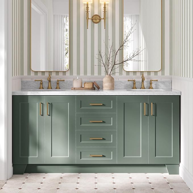 ARIEL Taylor 72-inch Bathroom Vanity with Sink,Solid Wood, 1.5-inch Italian Carrara Marble Countertop, Double Rectangular Porcelain Sink, Soft Closing Doors, Dovetail Drawers, Vintage Green