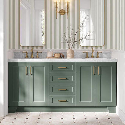 ARIEL Taylor 72-inch Bathroom Vanity with Sink,Solid Wood, 1.5-inch Italian Carrara Marble Countertop, Double Rectangular Porcelain Sink, Soft Closing Doors, Dovetail Drawers, Vintage Green