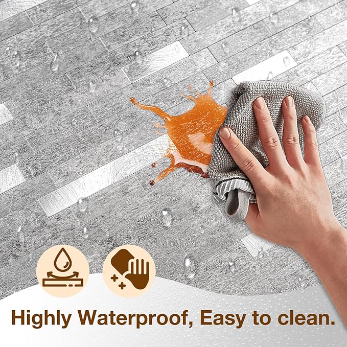 Peel and Stick Backsplash Tile Waterproof Removable PVC Wall Sticker 3D Faux Stone Marble Brick White Accent Panels (Matte Gray Stone - Metal Silver, 20 Tiles - 9 sq. ft. (0.84 M²))
