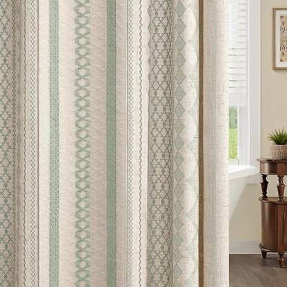 Sage Green Boho Shower Curtain for Bathroom, Linen Striped Print and Twine-Inspired Woven Center,72" W x 72" L