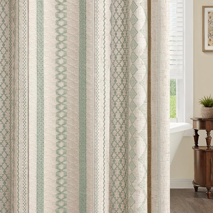 Sage Green Boho Linen Shower Curtain,72" W x 78" L | Linen Striped Print and Twine-Inspired Woven Center for Bathroom