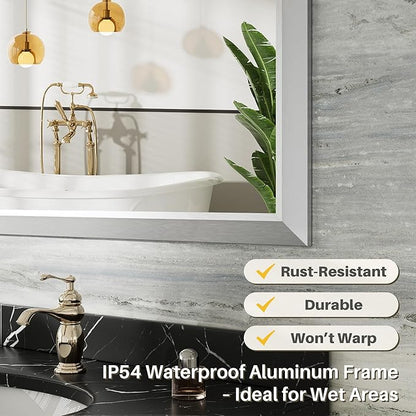 24x32 Inch Brushed Silver Bathroom Mirror for Wall, Thick Metal Framed Rectangle Mirrors for Over Sink, Bedroom, Living Room, Entryway, Anti-Rust, HD Tempered Glass