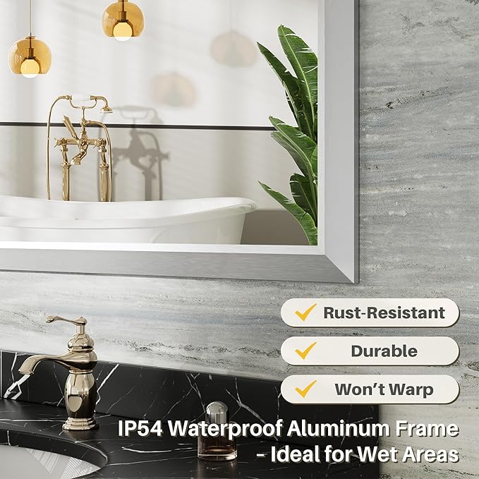 22x30 Inch Brushed Silver Bathroom Mirror for Wall, Thick Metal Framed Rectangle Mirrors for Over Sink, Bedroom, Living Room, Entryway, Anti-Rust, HD Tempered Glass