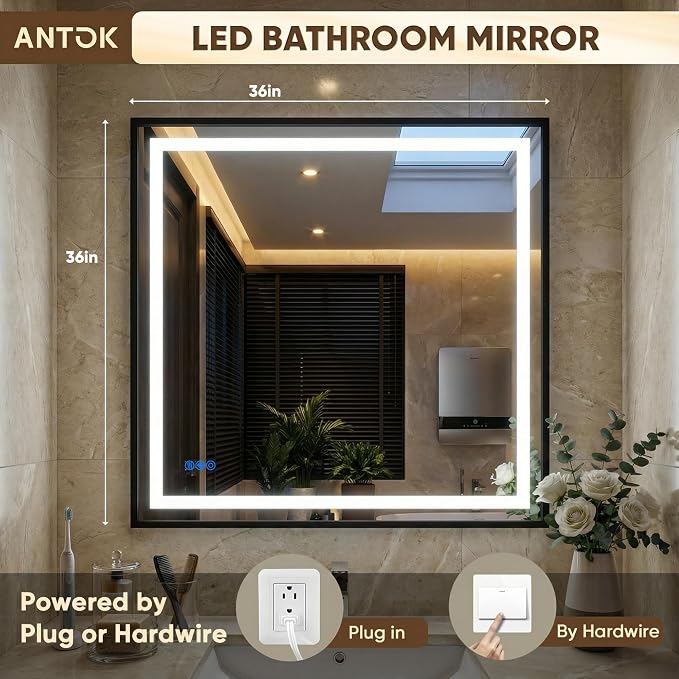 Antok 36X36 LED Bathroom Mirror with Lights, Vanity Mirror for Wall with Black Frame, Touch Control, Anti-Fog, Dimmable Lights, Shatter-Proof, Memory Function, Wall-Mounted Vanity Mirrors