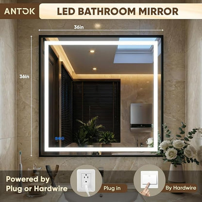 Antok 36X36 LED Bathroom Mirror with Lights, Vanity Mirror for Wall with Black Frame, Touch Control, Anti-Fog, Dimmable Lights, Shatter-Proof, Memory Function, Wall-Mounted Vanity Mirrors