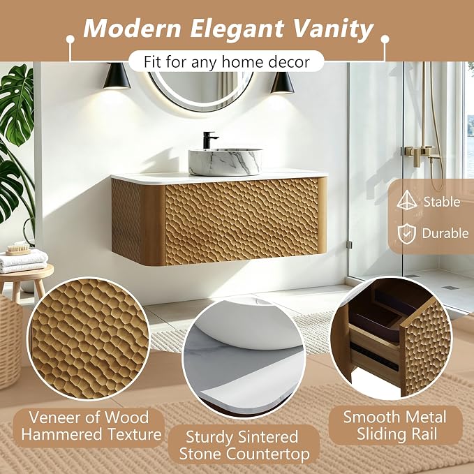 84 Inch Double Vanity with Sink Set, Floating Bathroom Sink Cabinet with Sintered Stone Top&Solid Wood Hammered Frame, Double Bathroom Vanities w/Soft-Close Drawers&1 Side Open Cube