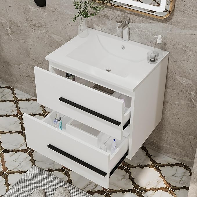 24 Inch Floating Bathroom Vanity with Sink, Fluted Drawers - Modern Wall Mounted Storage Cabinet, Black Handles & Soft-Close Drawers for Small Space Luxury(White with Sink, 24")