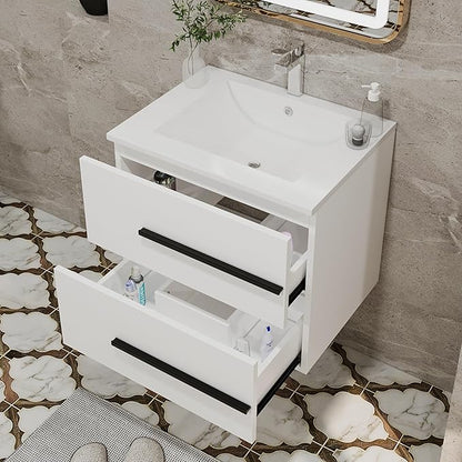 24 Inch Floating Bathroom Vanity with Sink, Fluted Drawers - Modern Wall Mounted Storage Cabinet, Black Handles & Soft-Close Drawers for Small Space Luxury(White with Sink, 24")