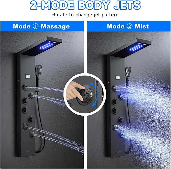 MEANTT LED Lights Shower Panel Tower - Waterfall Rainfall Shower Panel Tower System with 4 Body Jets - 5-in-1 Multifunction Shower Column - Matte Black Stainless Steel Shower Tower with Handheld