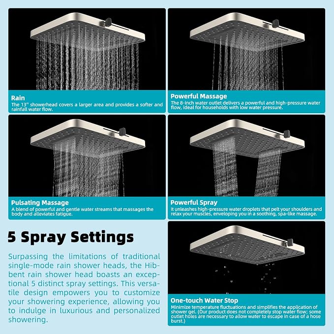 Hibbent cUPC Certified 5 Spray Modes Shower Head, 13'' High Pressure Large Rainfall Shower Head, High Flow Waterfall Bathroom Fixed Showerheads, Adjustable Swivel Ball Joint, Brushed Nickel