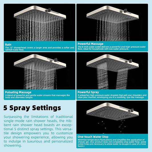 Hibbent cUPC Certified 5 Spray Modes Shower Head, 13'' High Pressure Large Rainfall Shower Head, High Flow Waterfall Bathroom Fixed Showerheads, Adjustable Swivel Ball Joint, Brushed Nickel