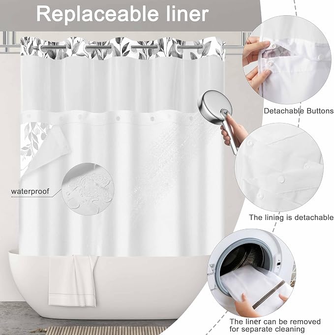 No Hook Shower Curtain and Liner Set, Grey Eucalyptus 71x84 | Floral Design, with Snap in Liner, Waterproof, Machine Washable, Quick-Drying, for Hotel Bathroom