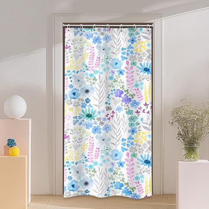 Small Stall Blue Floral Boho Wildflower Plant Bathroom Shower Curtain Set | 36"W x 72"H Watercolor Leaves; waterproof HD print, quick-dry fabric with 12 hooks for easy hanging.