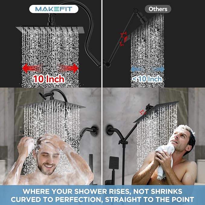 MakeFit All Metal Shower Head Combo with Handheld, 10" Square Rainfall Shower Head with Curved Extension Arm, Adjustable Dual Shower Heads with 71" Extra Long Hose, Matte Black