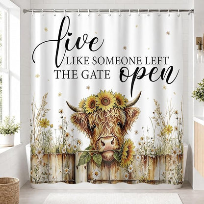 Highland Cow Shower Curtain, Rustic Farmhouse Floral Bath Curtain | 72x72 Inches, Waterproof Polyester Fabric, Country Bathroom Decor for Home Decorations, Includes 12 Hooks