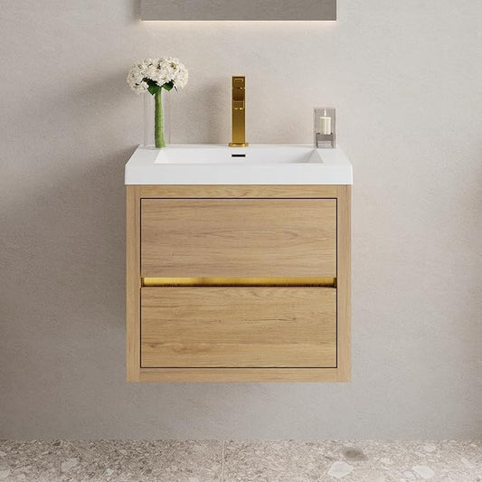 Abruzzo 24" Natural Oak Wall-Mounted Bathroom Vanity with Sink – Stone Resin Countertop & Soft-Close Drawers, Waterproof Wood Cabinet for Small Bathrooms