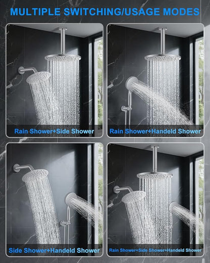 Shower System with Pressure Balance Valve, 10" Ceiling Mount Shower Faucet Set with 2 Rain Shower Head And Multi-function Handheld Head Push Button Diverter Pressure Balancing Valve Kit, Chrome