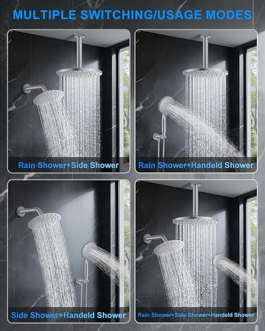 Shower System with Pressure Balance Valve, 10" Ceiling Mount Shower Faucet Set with 2 Rain Shower Head And Multi-function Handheld Head Push Button Diverter Pressure Balancing Valve Kit, Chrome
