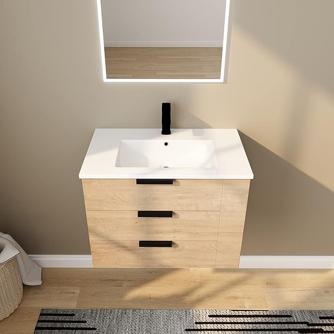 30" Bathroom Vanity with Sink, Floating Bathroom Vanity,Modern Vanity Bathroom,Wall-Mounted Bathroom Vanity with Top Basin & Storage Cabinet,Brown, 3 Drawers&3 Shelves