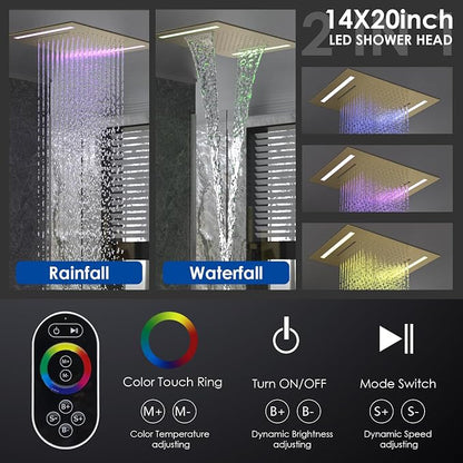 ENGA Dual Rain Shower Head System, 2 In 1 Functions Ceiling Mount 14x20inch LED Shower Head with 6 Inch Shower Head, Rainfall Waterfall Shower Faucet Set, Brushed Gold