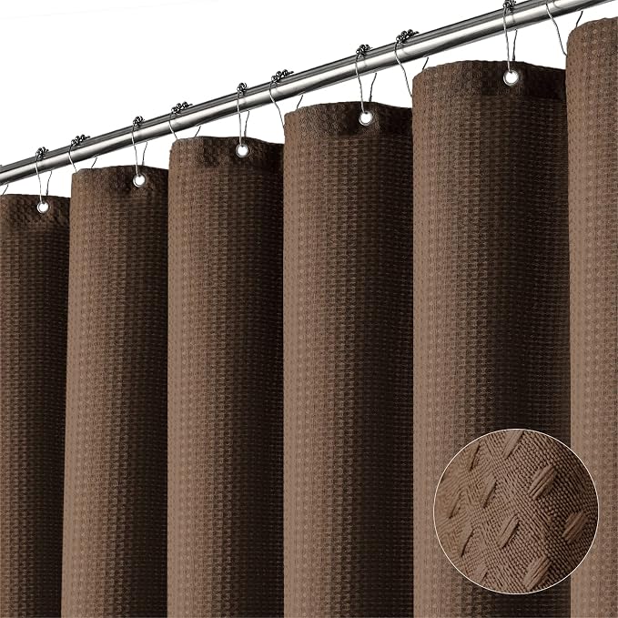 Extra Wide Waffle Shower Curtain 256 GSM Fabric 84x72 Brown | 84 Inch Wide, Thick Cloth, Weighted Hem, Water Repellent, Hotel Luxury Polyester Shower Curtain Set for Bathroom 14 Hooks