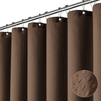 Extra Wide Waffle Shower Curtain 256 GSM Fabric 108x72 Brown | 108 Inch Wide, Thick Cloth, Weighted Hem, Water Repellent, Hotel Luxury Polyester Shower Curtain Set for Bathroom 18 Hooks