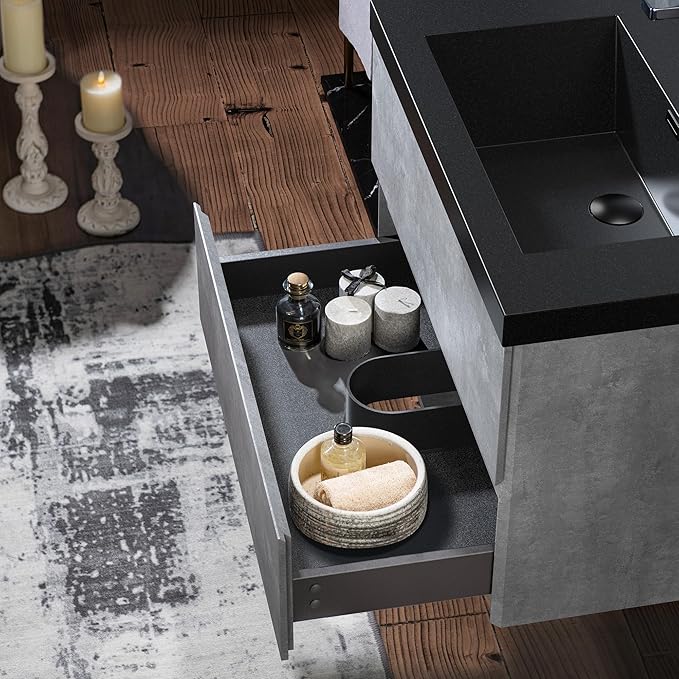 WOODBRIDGE 30 in. W x 19 in. D Wall Mounted Floating Bathroom Vanity in Gray with Quartz Sand Composite Vanity Top in Matte Black