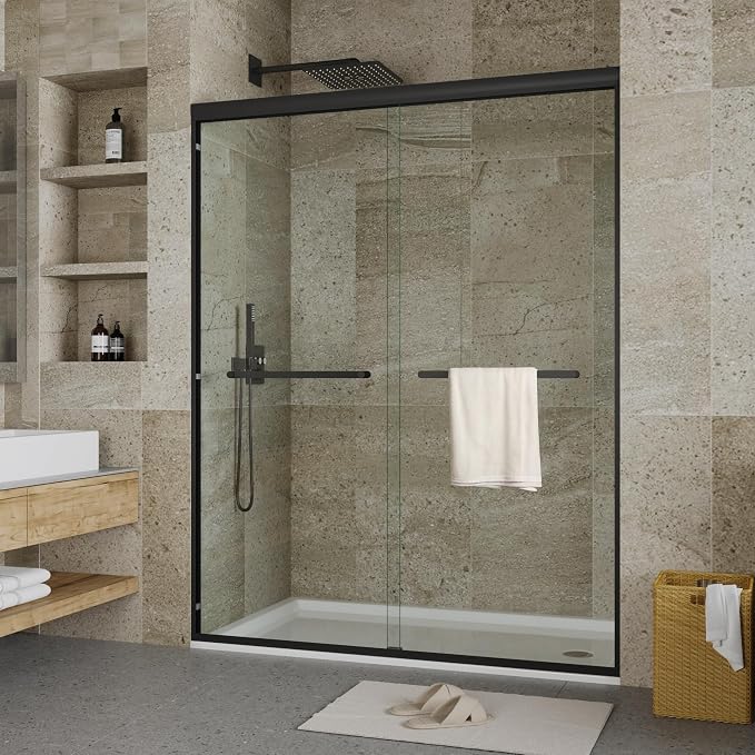 44-48" W x 72" H Semi-Frameless Shower Door, Double Sliding Glass Door with 5/16" (8mm) Clear Tempered Glass for Bathroom, Matte Black