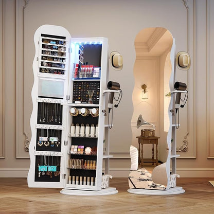 Vlsrka 360° Swivel Jewelry Armoire with Full Length Wave Mirror, White | Lockable Mirror Jewelry Cabinet Standing, Interior LED Makeup Mirror, Foldable Shelf, Large Capacity, Gift for Women, Girls