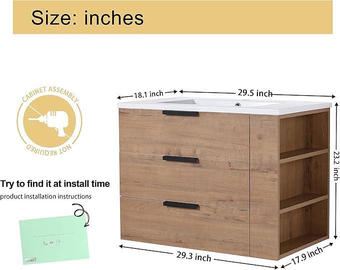 Malwee 30" Floating Bathroom Vanity with Resin Sink, 30 Inch Single Sink Wall Mounted Bathroom Vanity, with 3 Drawers, Bath Wall-Hung Cabinet Set with 3 Side Storage (014-30)