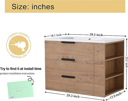 Malwee 30" Floating Bathroom Vanity with Resin Sink, 30 Inch Single Sink Wall Mounted Bathroom Vanity, with 3 Drawers, Bath Wall-Hung Cabinet Set with 3 Side Storage (014-30)