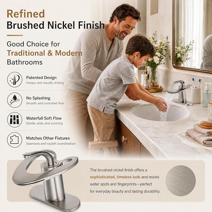 Brushed Nickel Bathroom Faucet, Waterfall Single Handle Bathroom Faucets, Unique Single Hole Faucet with Deck Plate for 3 Hole Bathroom Sink