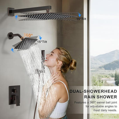 Rain Shower System 12" & 6" Dual Shower Heads, Wall Mount Shower Faucet Set | Ideal for bathroom remodels and upgrades with 12" rain shower, 6" angled shower, handheld spray and complete valve kit.