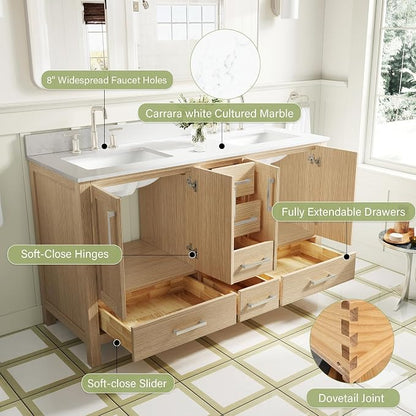 60-Inch Bathroom Vanity with Sink, 4 Soft-Close Doors and 6 Soft-Close Drawers, Bathroom Freestanding Vanity with Cultured Marble Countertop, Oak Vanity with Brushed Nickel Handles