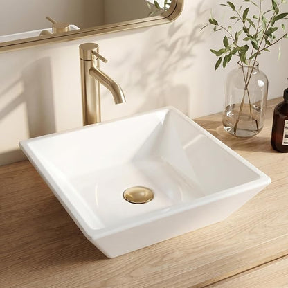 KES 17" Square Vessel Sink for Bathroom Vanity Countertop, Glossy White Ceramic Porcelain Bathroom Sink Bowl Above Counter, Modern Look, BVS141