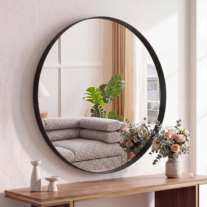 Sweetcrispy Round Bathroom Wall Mirror, Circle Vanity Mirror, 28 Inch | Matte Metal Frame, Wall Mount, Over Sink, Living Room, Bedroom, Home Decor, Black