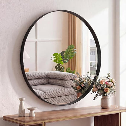 Bathroom Round Mirrors for Over Sink, 24 Inch Wall Circle Mirror with Matte Metal Frame, Modern Wall Mount Vanity Mirror for Home Decor, Living Room, Bedroom, Black