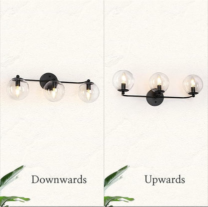 Bathroom Light Fixtures, 3-Light Black Vanity Light with Clear Glass Shade, Modern Farmhouse Wall Lamp Over Mirror