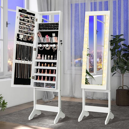 GOFLAME Jewelry Armoire Cabinet Standing, Lockable Full Length Mirror with Storage Shelves and 2 Drawers, Adjustable Tilt Angles, Stand Up Jewelry Box with Lighted Mirror (White)