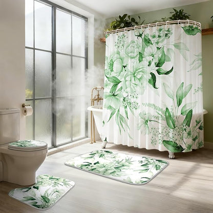 16 Pcs Sage Green Floral Shower Curtain Set with Rugs, Flower Bath Curtains and High Absorbent Non-Slip Mats, Thick 120GSM Fabric Curtain with 12 Metal Hooks (72x72 Inch)