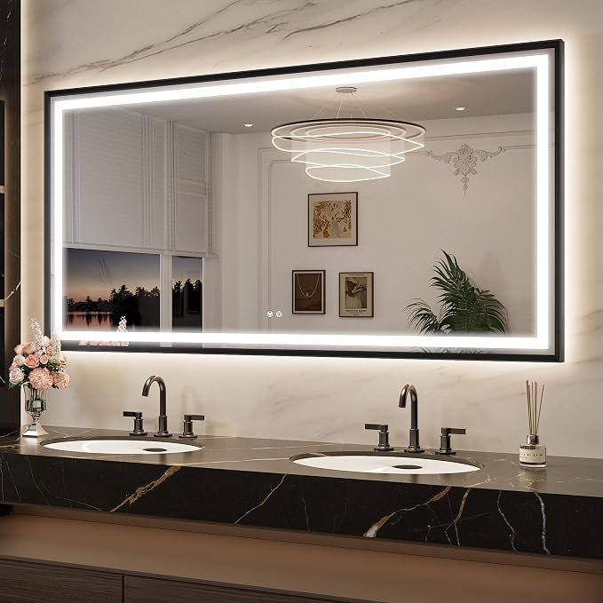Keonjinn 72x36 Inch Black LED Bathroom Mirror with Lights, Beveled Edge | Frontlit & Backlit, Lighted Bathroom Mirror, HD Tempered Glass, 3 Color Temperatures, Anti-fog, Stepless Dimmable