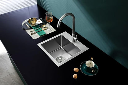 Brushed Topmount Kitchen Sink - 18”×18” Single Bowl Sink | 8 Inch Deep Handmade Bar Sink with Strainer, Stainless Steel 304, Rear Drain, X-Groove Drainage, Sound-Dampening Pad