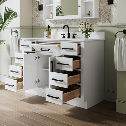 48-Inch Bathroom Vanity with Sink W/ 2 Doors & 8 Drawers & 1 Flip Drawer, White Vanity W/Matte Black Handles